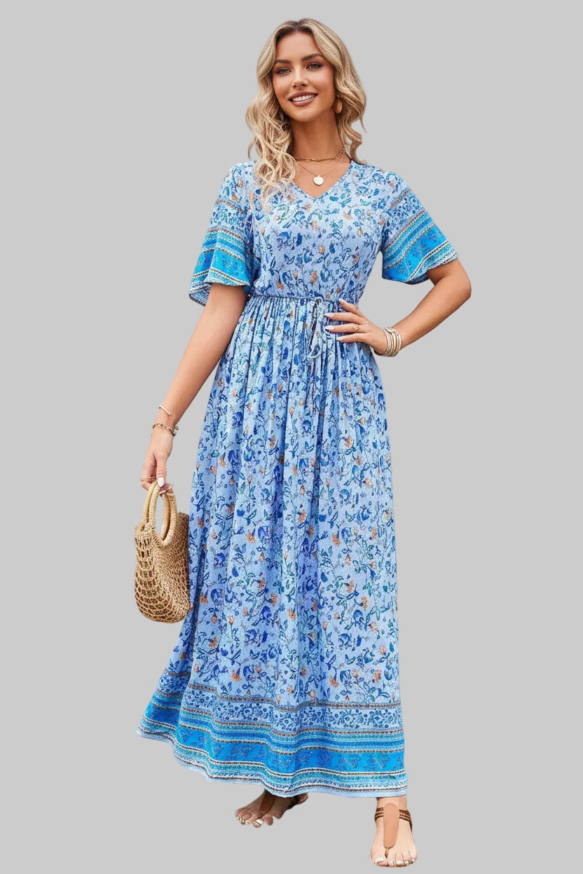 Elegant Retro Halter Neck Deep V Backless Long Dress for Women | 2D Print, Elastic Waistband, Suitable for Beach Vacations, Parties, and Dates