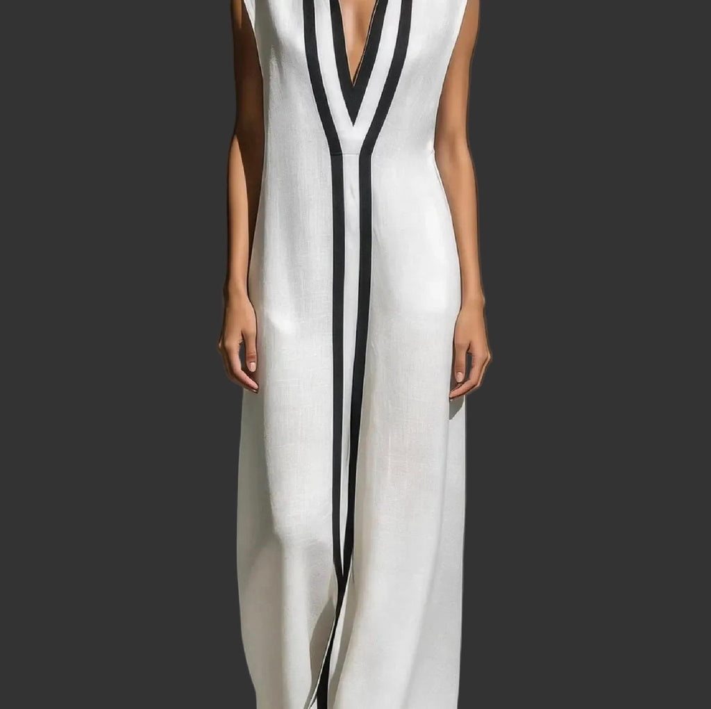 Women'S Elegant Sleeveless Maxi Dress, Stand Collar Deep V-Neck Vertical Stripe Trim Floor-Length Loose Fit Gown for Evening Party, Formal Occasions & Casual Outings