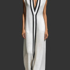 Women'S Elegant Sleeveless Maxi Dress, Stand Collar Deep V-Neck Vertical Stripe Trim Floor-Length Loose Fit Gown for Evening Party, Formal Occasions & Casual Outings