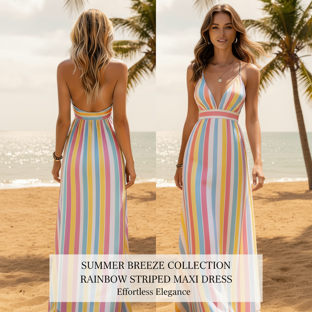 Elegant Retro Halter Neck Deep V Backless Long Dress for Women with 2D Print and Elastic Waistband. Suitable for Beach Vacations, Parties, and Dates.