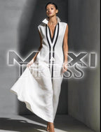 Women'S Elegant Sleeveless Maxi Dress, Stand Collar Deep V-Neck Vertical Stripe Trim Floor-Length Loose Fit Gown for Evening Party, Formal Occasions & Casual Outings