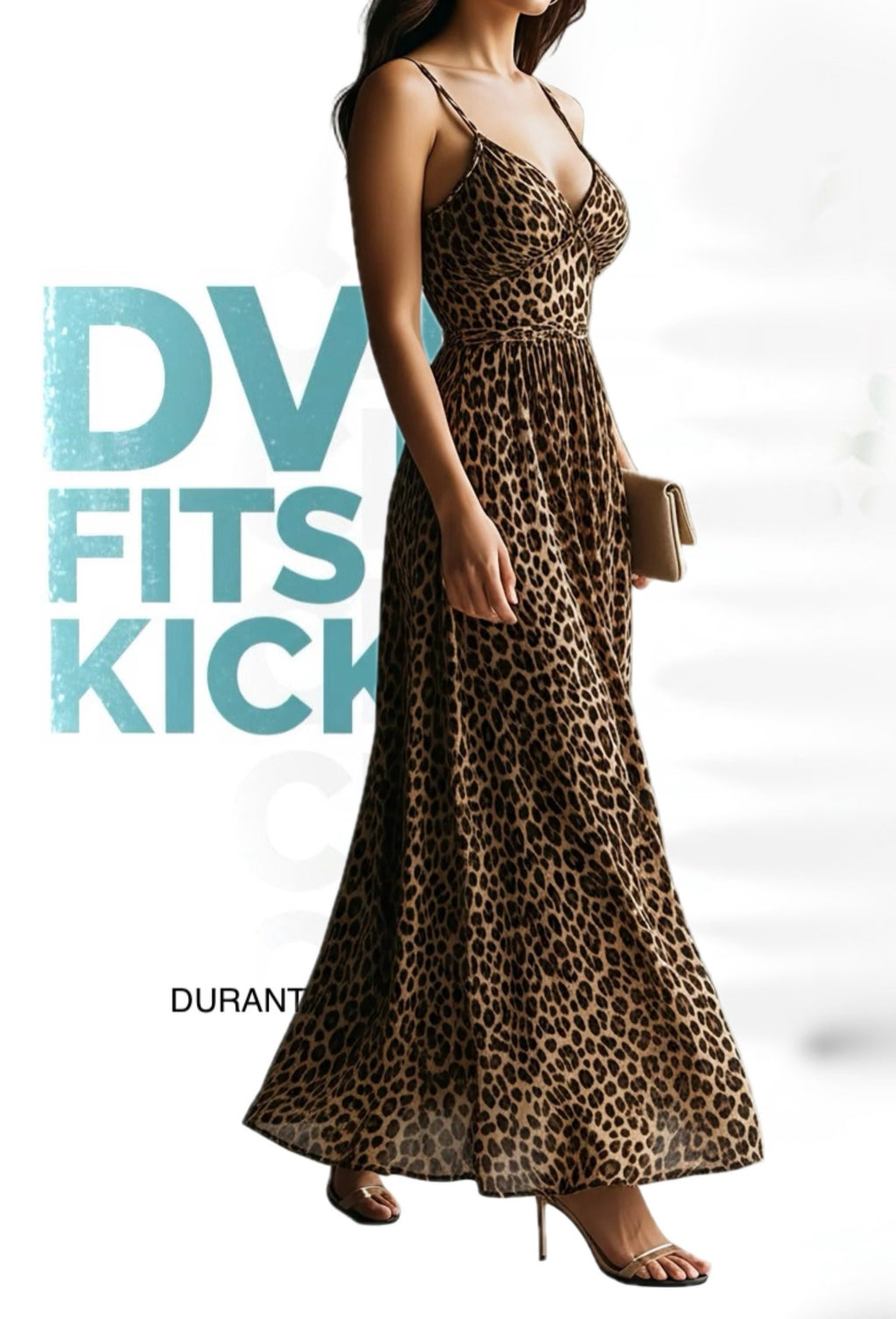 Apricot Base Leopard Print V-Neck Spaghetti Strap Waist-Fitted Slit Flared Maxi Dress for Women | Wild Retro Mature Style, Perfect for Dating, Parties And Events Looks