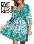 CUPSHE Women's Plunging V Neck Backless Beach Dress Paisley Boho Blouson Sleeve Back Tie Waist Tie Mini Summer Dresses