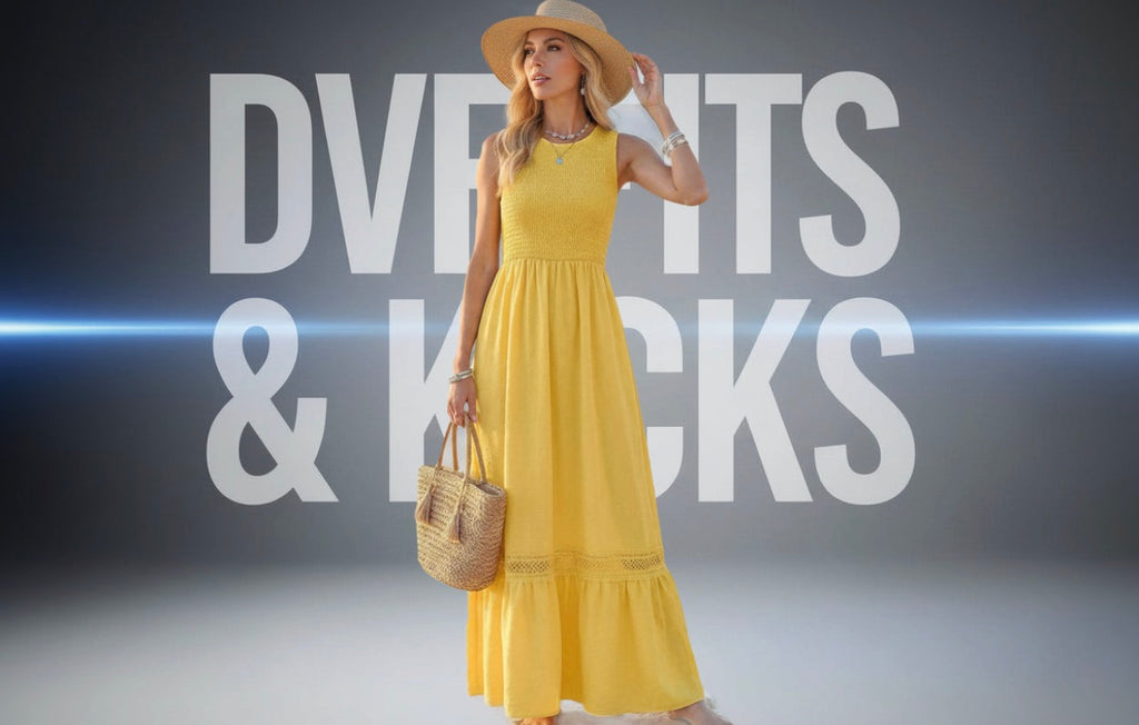 Woman in a yellow dress and hat with 'DVF Its & Kicks' text in the background