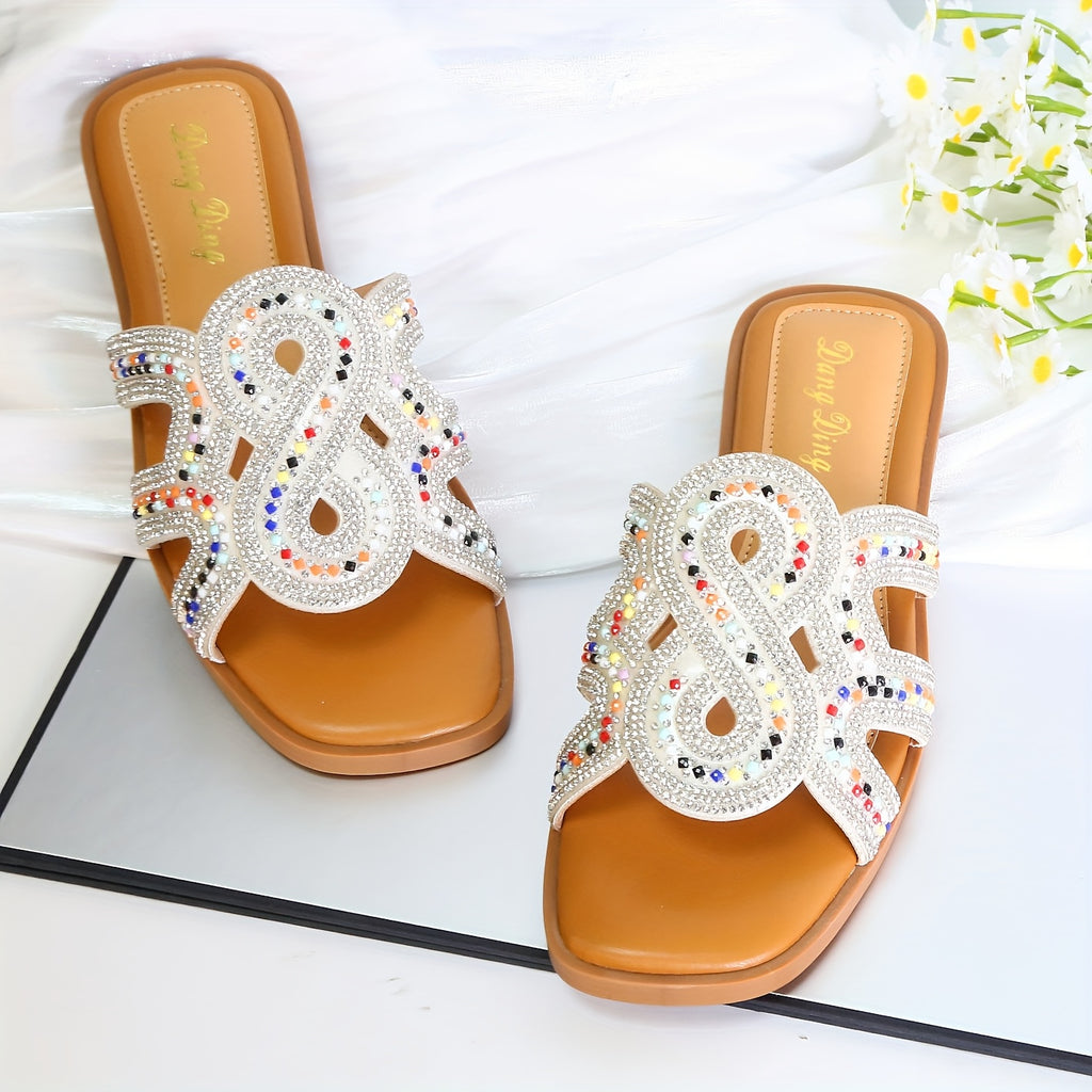 Luxurious WomenS Flat Shoes Adorned with Diamonds And Rhinestones Featuring a Soft PU Sole in Golden Or Silvery Perfect for Summer And Versatile for Any Occasion