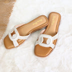 Trendy WomenS Flat Sandals Featuring Rhinestone Straps And Pearl Details with a Comfortable PU Insole Perfect for Any Occasion in a Chic Silvery Design Women Shoes