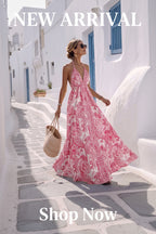 Women'S Spring Summer Halter Deep V-Neck Waistband Printed Maxi Dress | Elegant Socialite Style Highlighting Curvy Figure Ideal for Vacation Trips And Party Gathering Looks