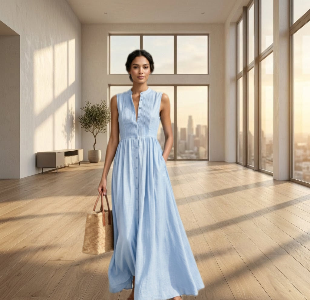 High-end Blue Sleeveless Stand-up Collar Shirt-style Maxi Dress, Loose Fit with Flared Hem and Large Pockets, Ankle-length Dress for Commuting and Vacation Style ZLLZ