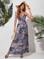 Women'S Spring Summer Halter Deep V-Neck Waistband Printed Maxi Dress | Elegant Socialite Style Highlighting Curvy Figure Ideal for Vacation Trips And Party Gathering Looks