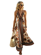 Women'S Spring Summer Halter Deep V-Neck Waistband Printed Maxi Dress | Elegant Socialite Style Highlighting Curvy Figure Ideal for Vacation Trips And Party Gathering Looks