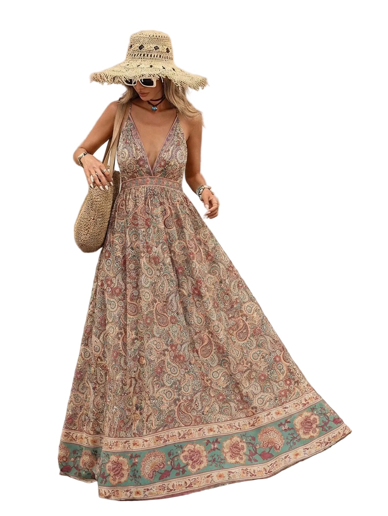 Women'S Spring Summer Halter Deep V-Neck Waistband Printed Maxi Dress | Elegant Socialite Style Highlighting Curvy Figure Ideal for Vacation Trips And Party Gathering Looks