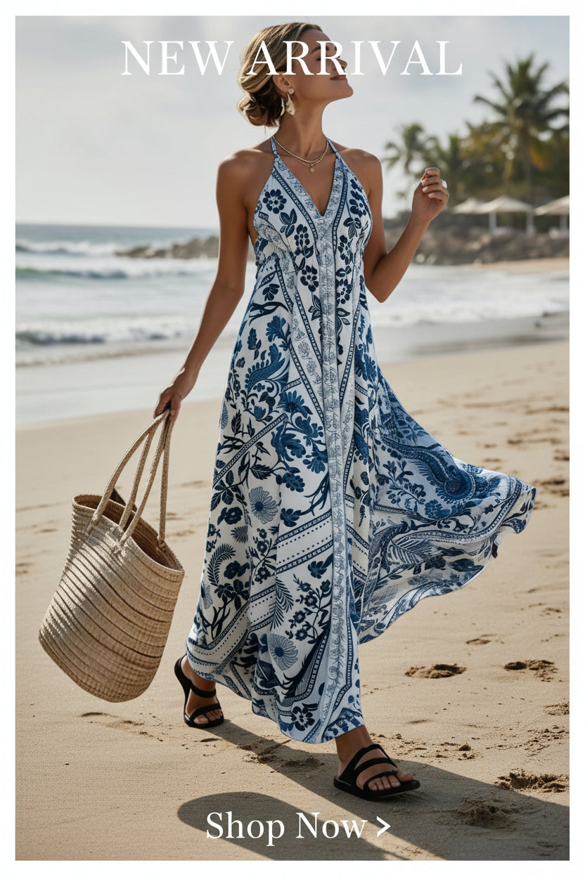 Trendy Sleeveless Long Dresses for Women Featuring a Sexy V-Neck Halterneck Design with Polka Dots, Perfect for Summer Daily Wear Or Beach Vacations