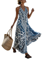 Women'S Spring Summer Halter Deep V-Neck Waistband Printed Maxi Dress | Elegant Socialite Style Highlighting Curvy Figure Ideal for Vacation Trips And Party Gathering Looks