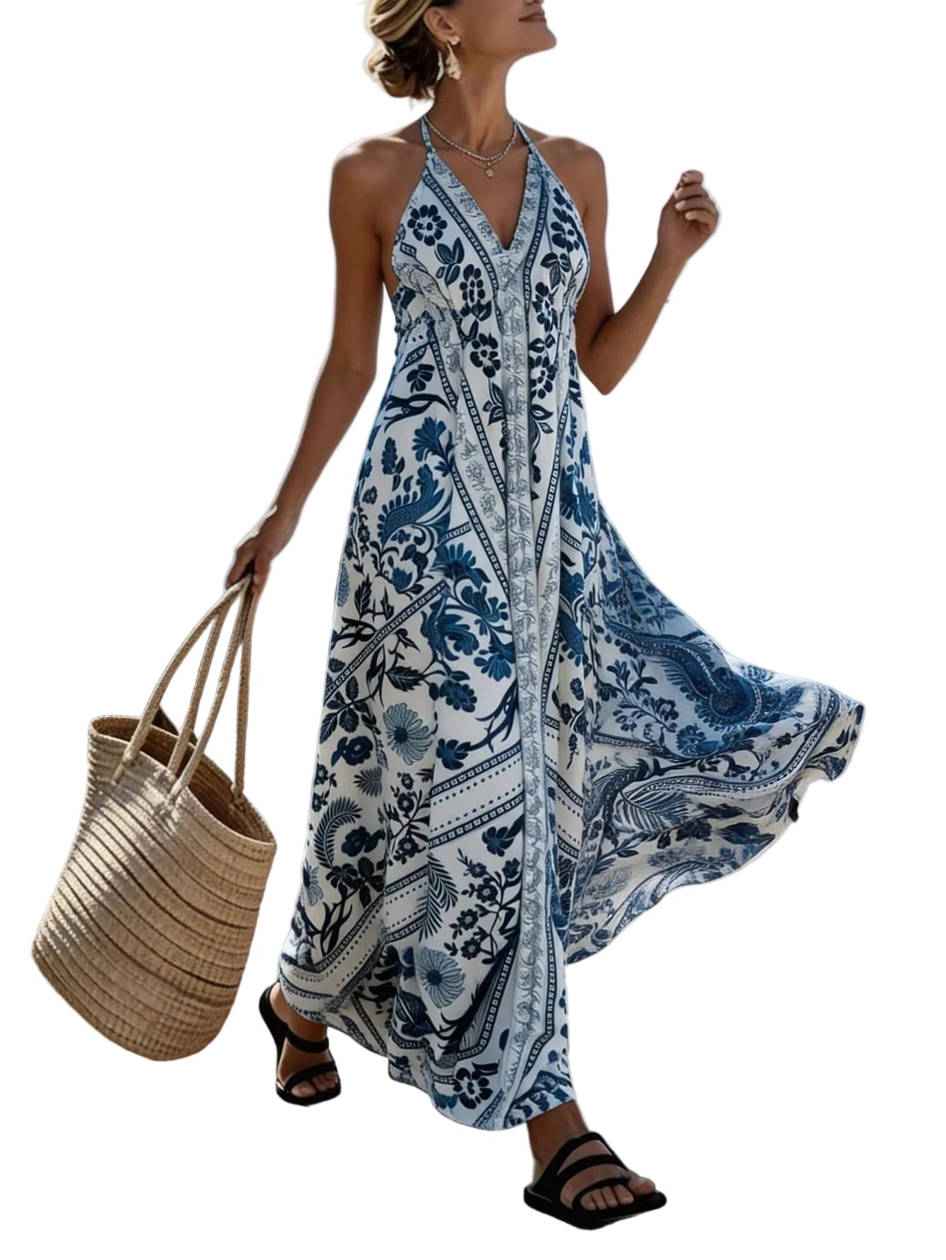 Women'S Spring Summer Halter Deep V-Neck Waistband Printed Maxi Dress | Elegant Socialite Style Highlighting Curvy Figure Ideal for Vacation Trips And Party Gathering Looks