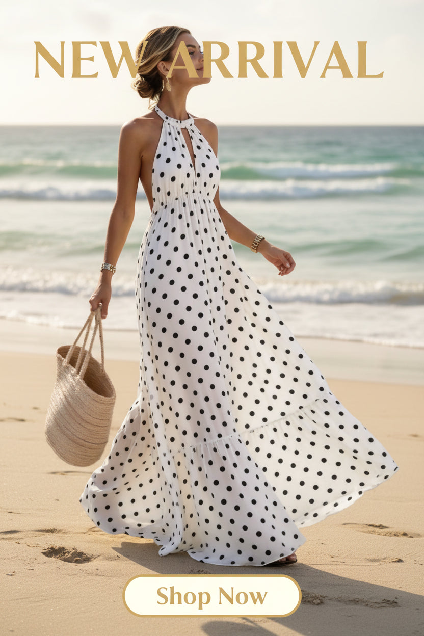 Trendy Sleeveless Long Dresses for Women Featuring a Sexy V-Neck Halterneck Design with Polka Dots, Perfect for Summer Daily Wear Or Beach Vacations