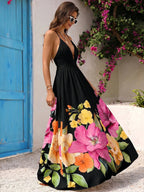 Women'S Spring Summer Halter Deep V-Neck Waistband Printed Maxi Dress | Elegant Socialite Style Highlighting Curvy Figure Ideal for Vacation Trips And Party Gathering Looks